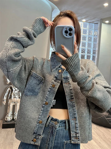 Women Denim Stitching Sweater Jacket Autumn New Fashion Loose Short Knitted Cardigan Lady Coats Casual Denim Jacket Women